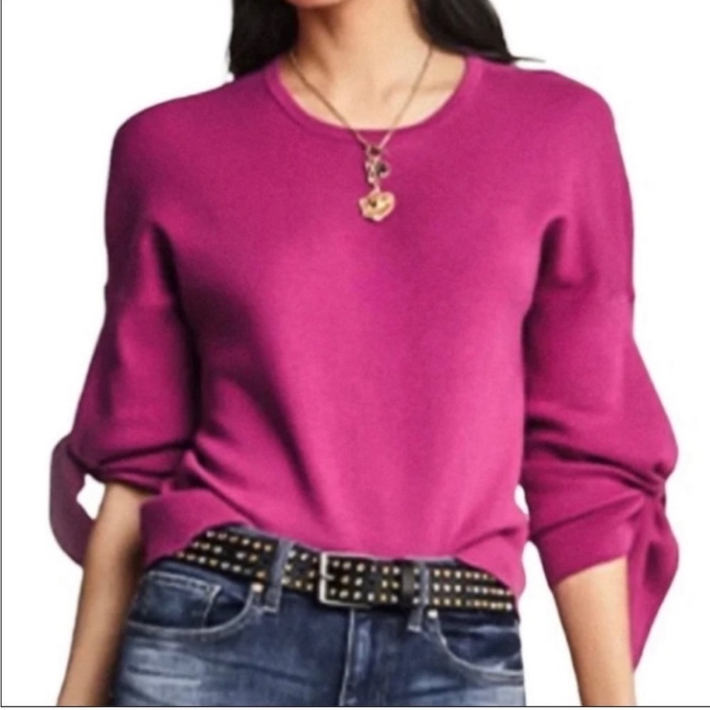 CAbi Tether Tie Sleeve Sweater #3887 Size Small Magenta Tie Sleeve Pullover